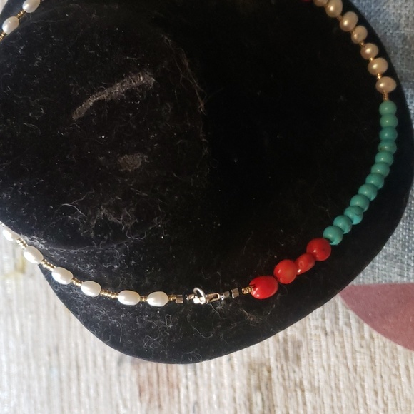 Cultered freshwater pearls,turquoise and coral choker handmade - Picture 2 of 6